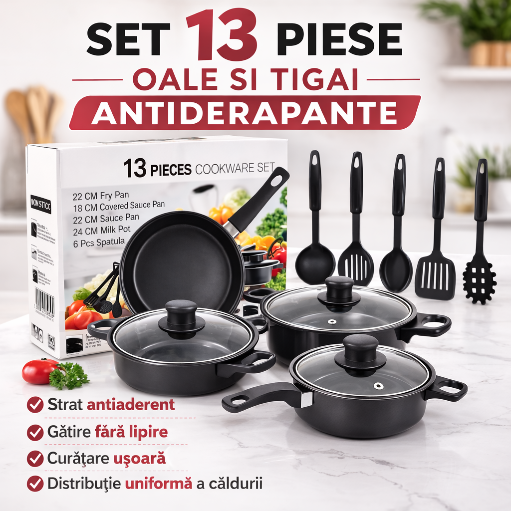 Set Complet Vase Gatit 13 Piese cu Capace Sticla si Ustensile