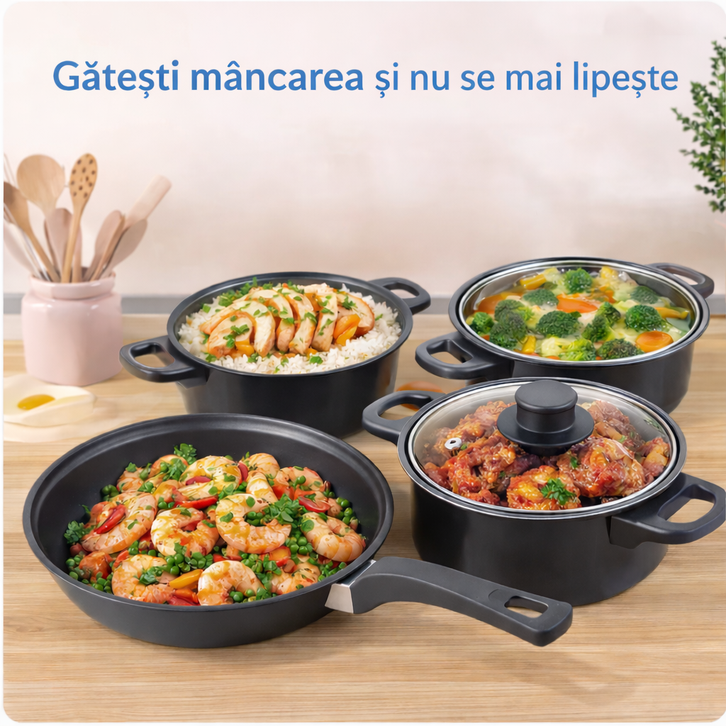 Set Complet Vase Gatit 13 Piese cu Capace Sticla si Ustensile