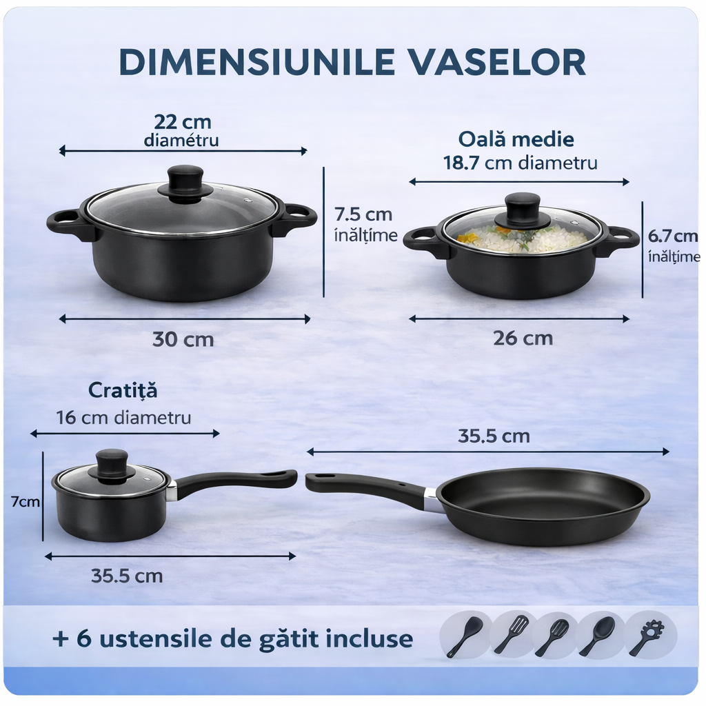 Set Complet Vase Gatit 13 Piese cu Capace Sticla si Ustensile